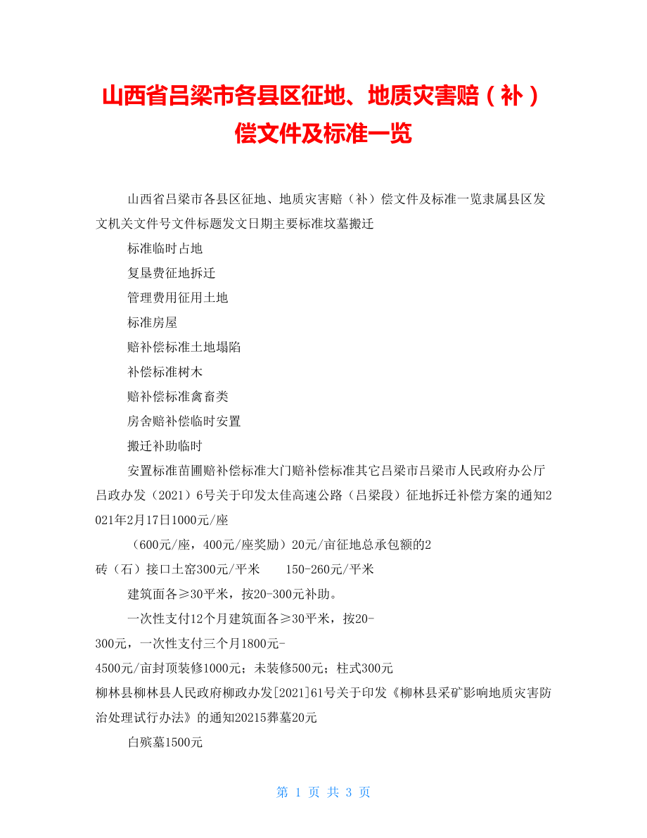 山西省吕梁市各县区征地、地质灾害赔（补）偿文件及标准一览_第1页
