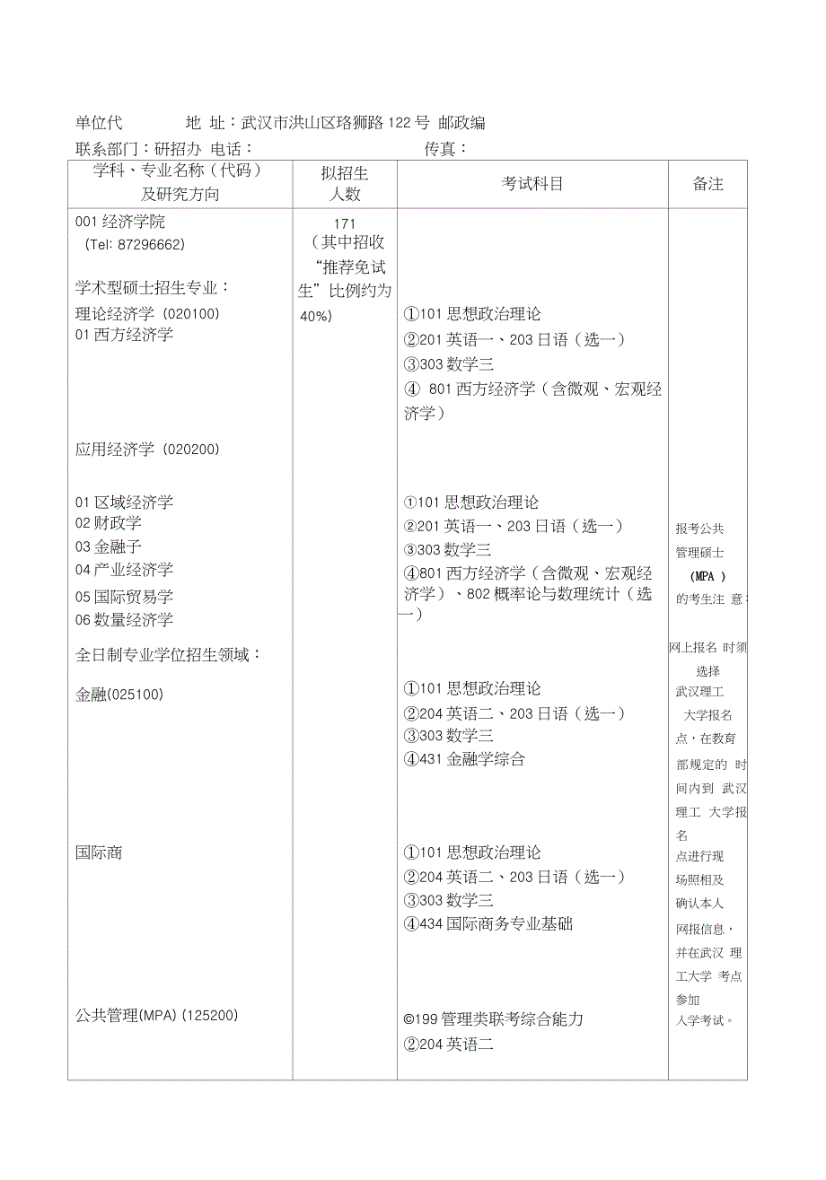 武汉理工大学考研专业及科目_第1页
