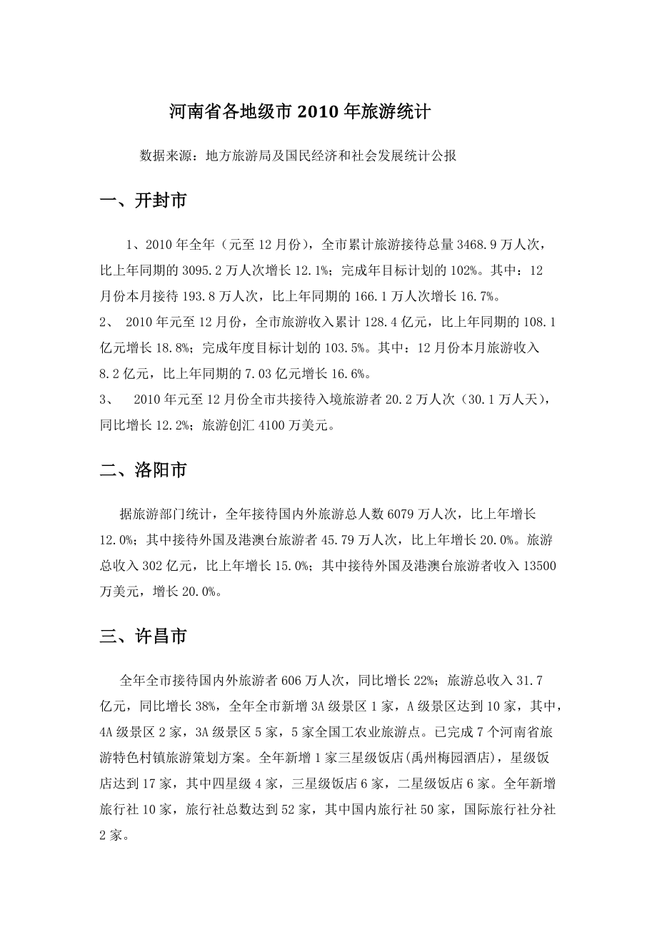 2010年河南省各地级市旅游接待情况Word版_第1页