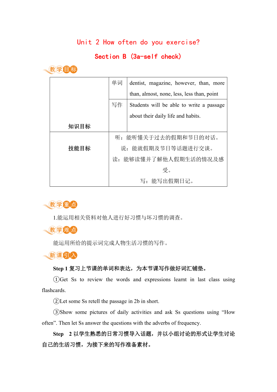 人教新目标(Go for it)版八年级上册英语教案 U2 How often do you exercise 课时5 SB 3a-self check_第1页