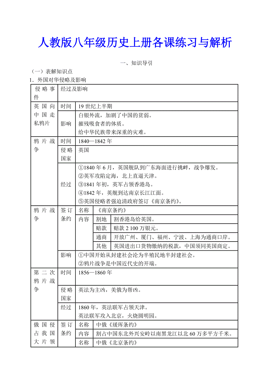 人教版八年级历史上册各课练习与解析_第1页