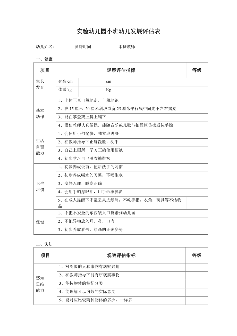 《幼儿园保育教育资料》实验幼儿园小班幼儿发展评估表 （健康、社会、认知、语言、艺术）_第1页