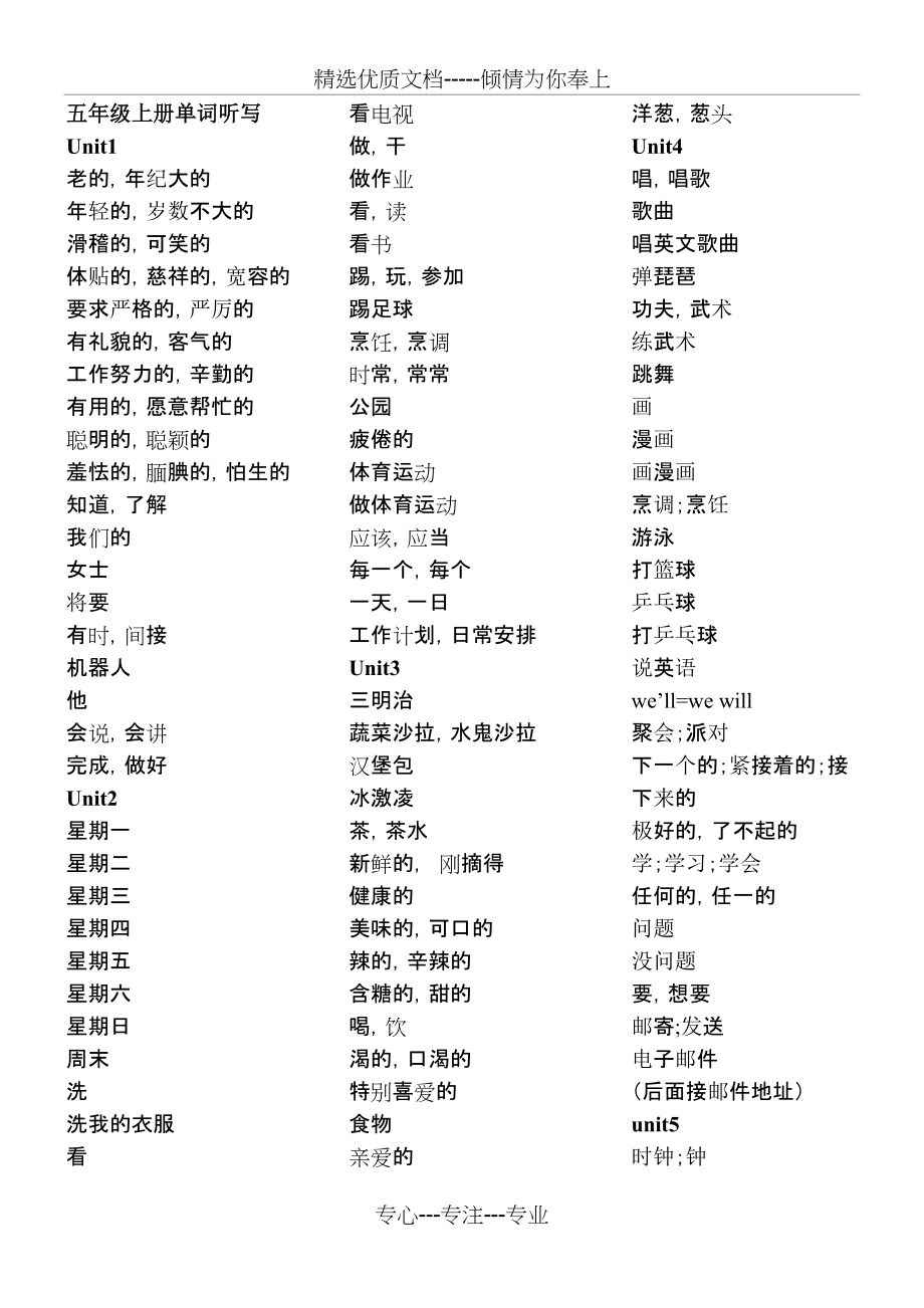 五年级上下册英语单词听写汉语(共4页)_第1页