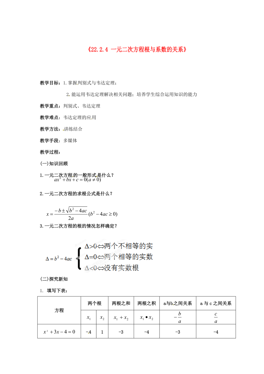湖北省孝感市孝南区肖港初中九年级数学上册《22.2.4 一元二次方程根与系数的关系（韦达定理）》教案 新人教版_第1页