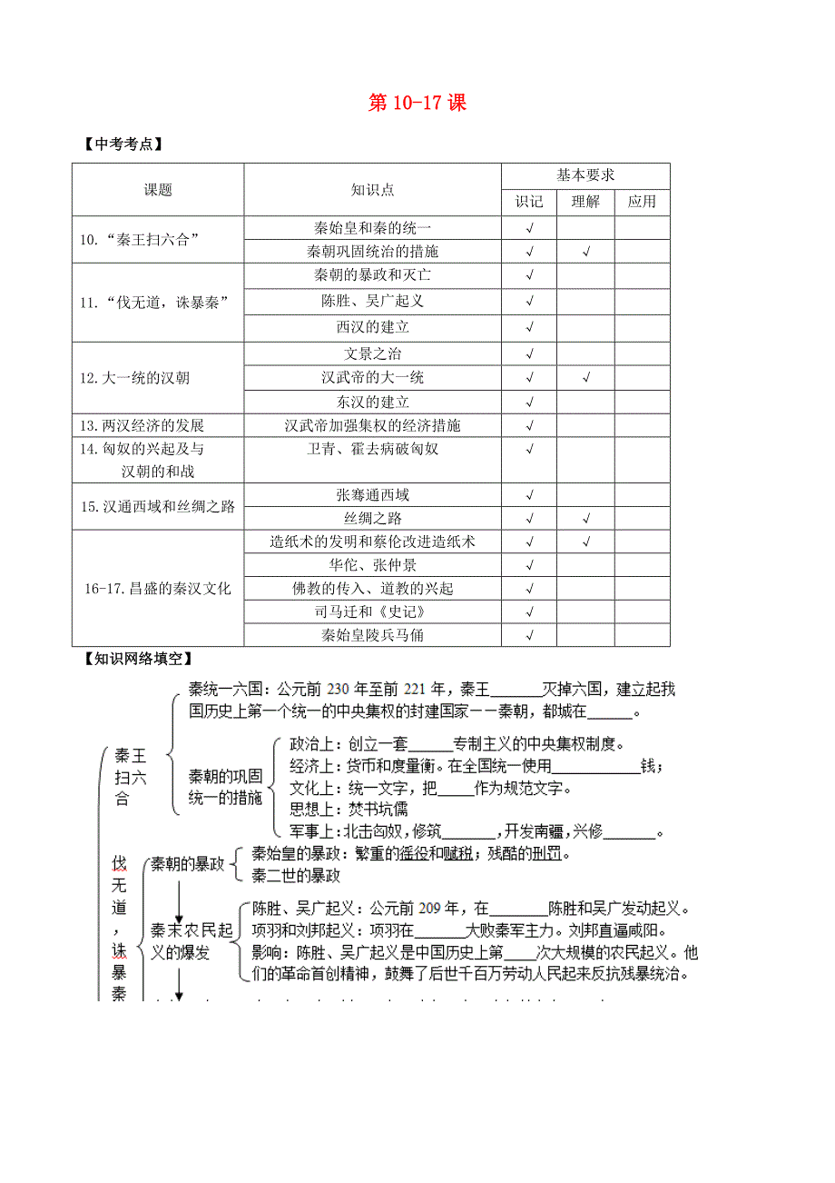 中考历史 七上 第10-17课复习学案-人教版初中九年级全册历史学案_第1页