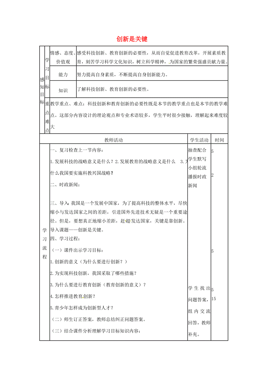山东省邹平县实验九年级政治全册 第7课 第2框 创新是关键教学案 鲁教版_第1页