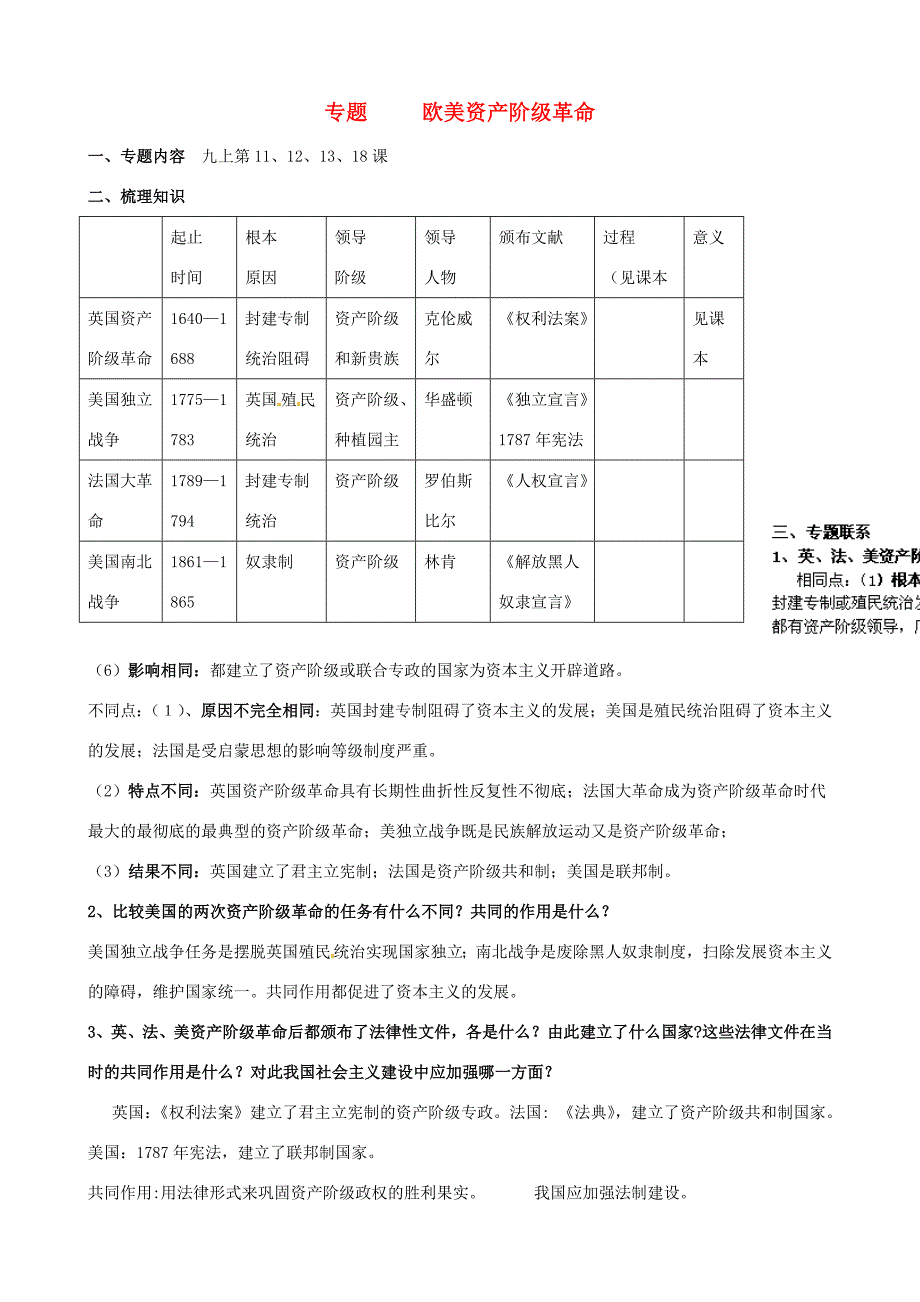 山东省肥城市石横镇中考历史专题复习 欧美资产阶级革命教案_第1页