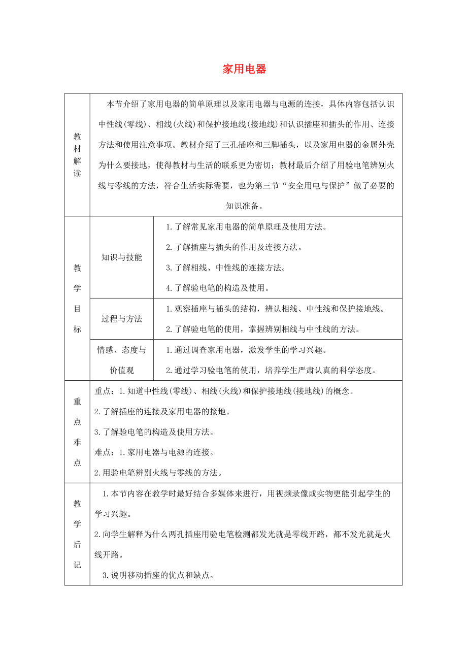 九年级物理下册 9.1 家用电器学案 （新版）教科版-（新版）教科版初中九年级下册物理学案_第1页