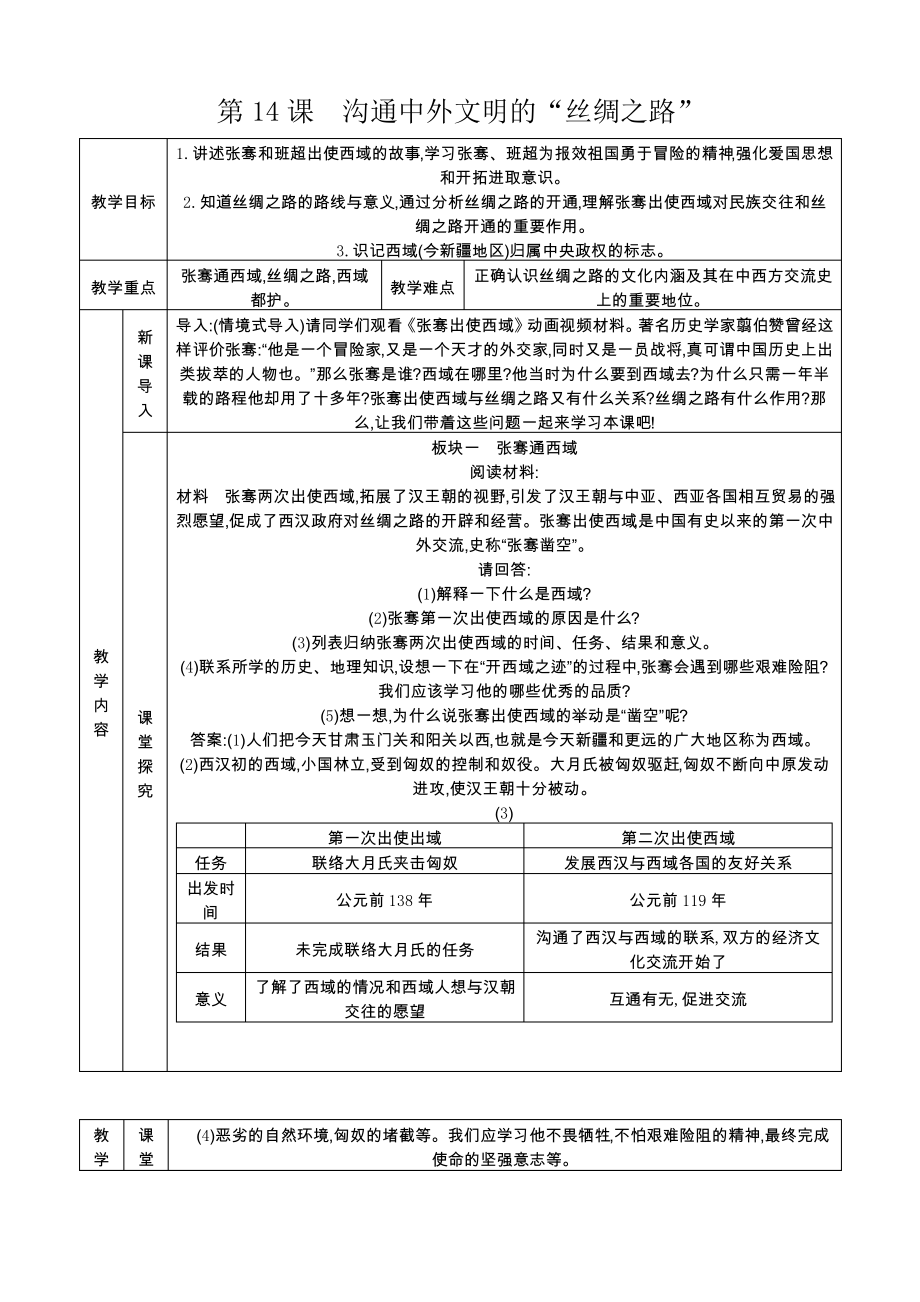 人教版七年级历史上册(部编版)第14课教案 沟通中外文明的“丝绸之路”_第1页