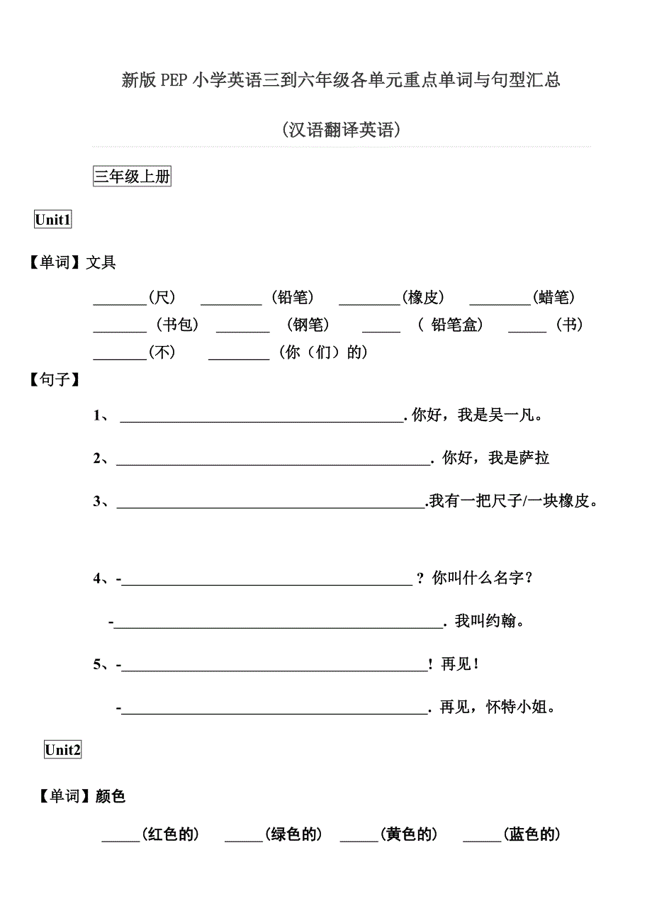 新版PEP小学英语三到六年级各单元重点单词与句型汇总(汉语翻译英语)_第1页
