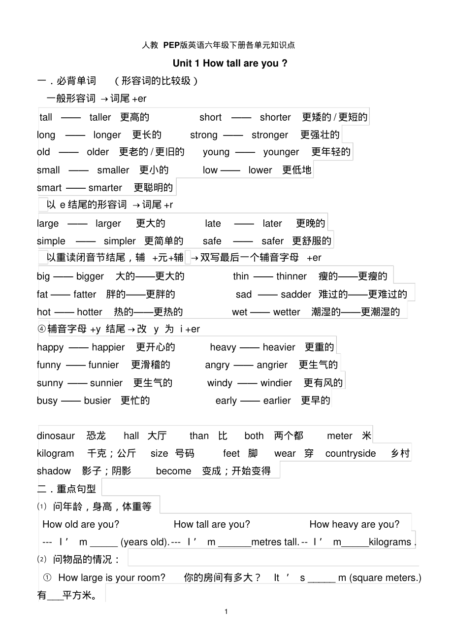 新版新人教版(PEP)小学英语六年级下册各单元知识点总结-新版.pdf_第1页