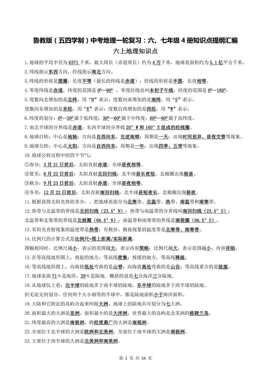 鲁教版（五四学制）中考地理一轮复习：六、七年级4册知识点提纲汇编（全面必备！）_第1页