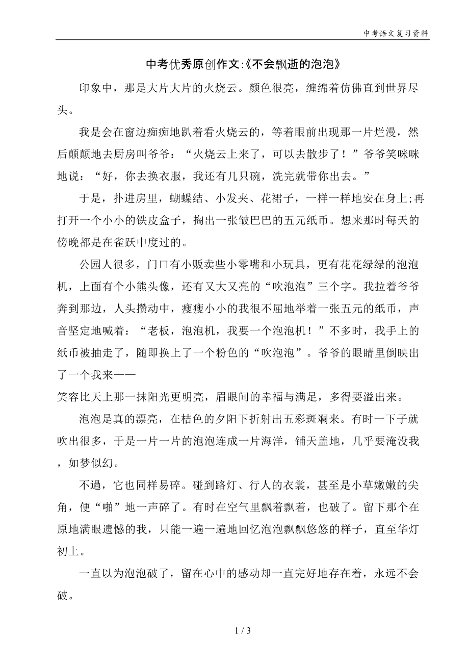 中考优秀原创作文：《不会飘逝的泡泡》_第1页