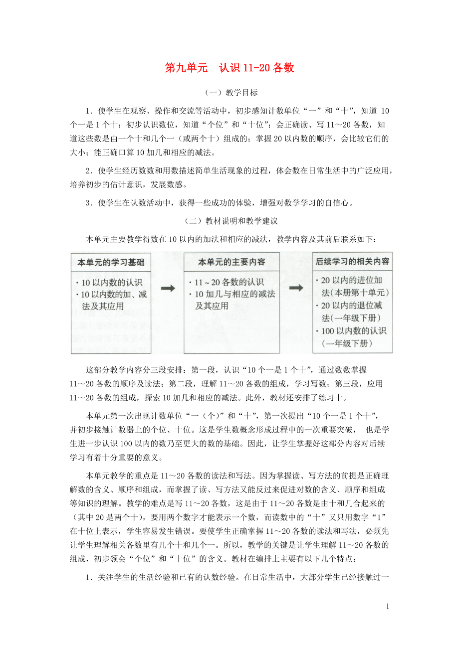 2021秋一年级数学上册第九单元认识11_20各数教材分析苏教版20210918573_第1页