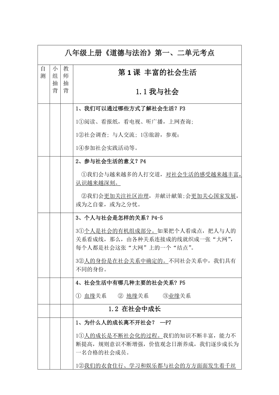 八年级上册《道德与法治》第一、二单元考点(1)_第1页