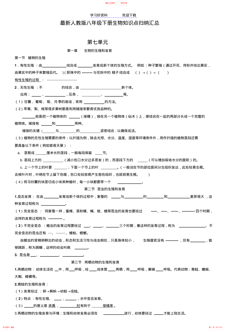 精华版人教版八年级生物下册知识点归纳汇总背诵版_第1页