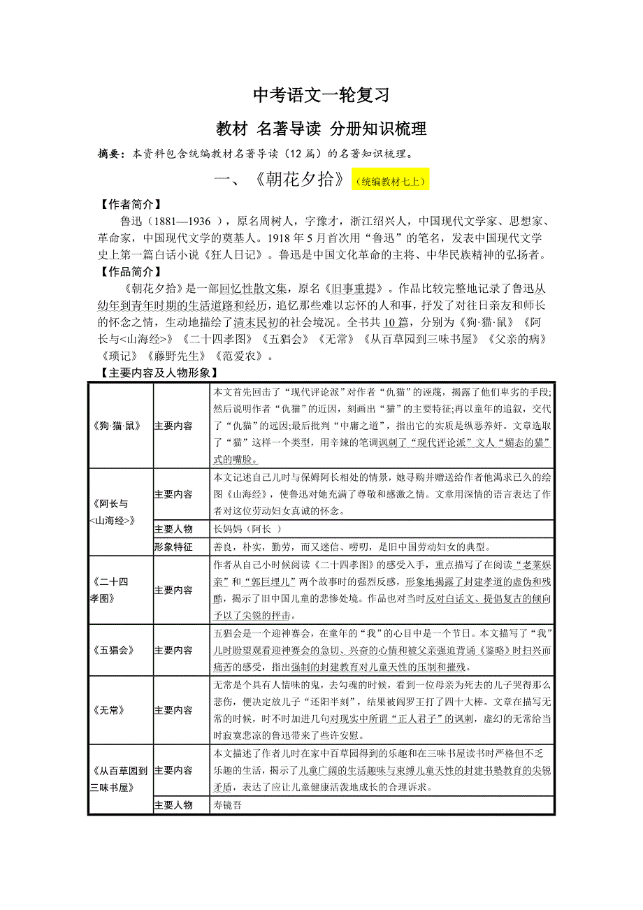 中考语文一轮复习： 名著阅读 知识梳理_第1页