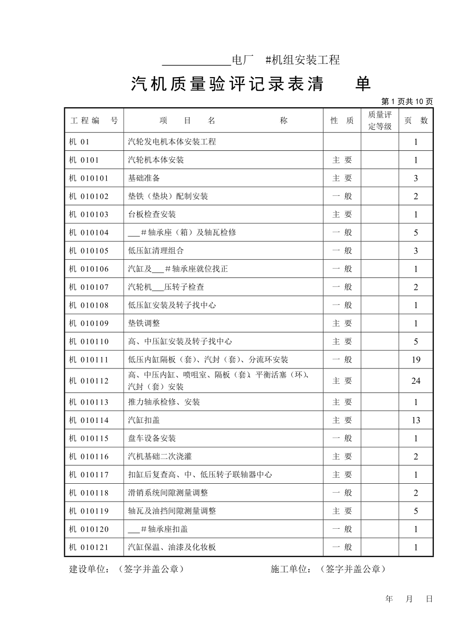 汽机质量验评记录表清单(共10页)_第1页