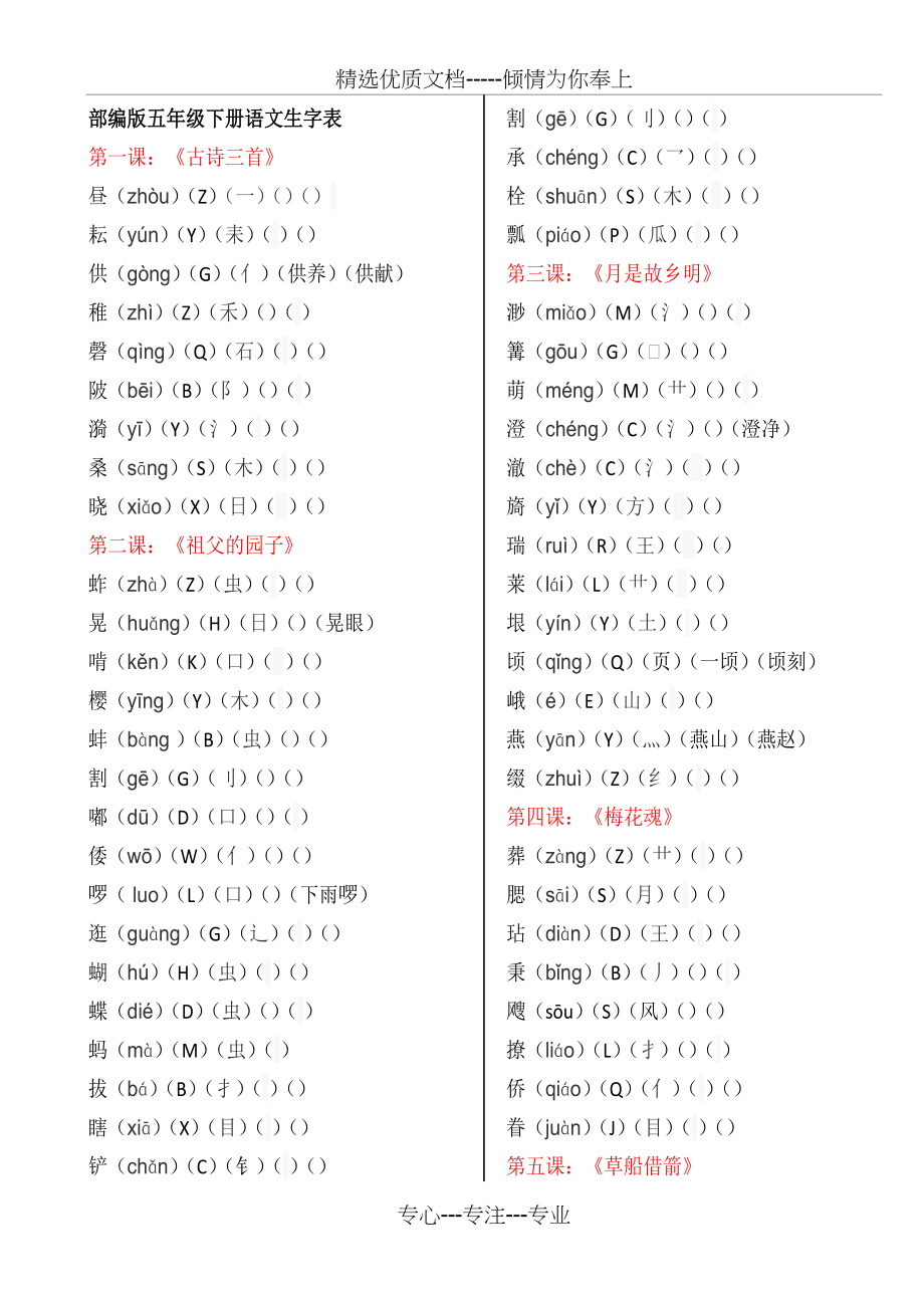 部编版五年级下册语文生字表(共7页)_第1页