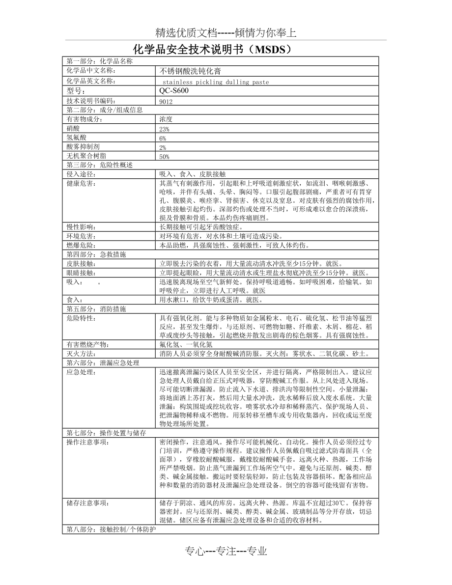 不锈钢酸洗钝化膏化学品安全技术说明书(MSDS)(共2页)_第1页