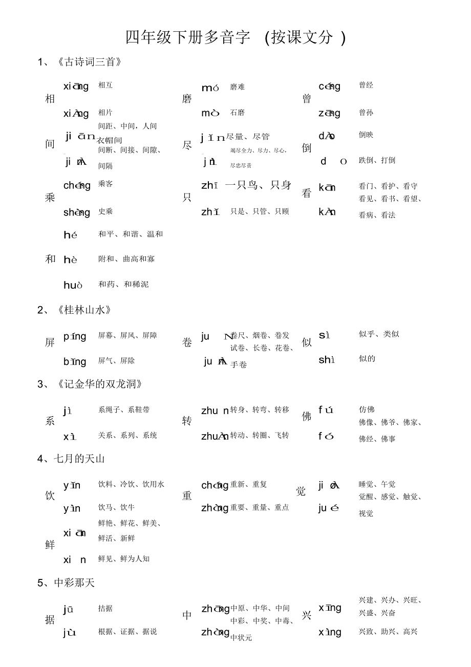 (完整版)四年级下册多音字(按课文分)完美版（精编版）_第1页