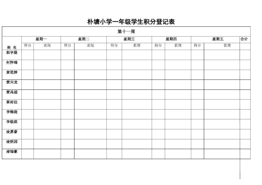 （精）一年级班级积分登记表_第1页