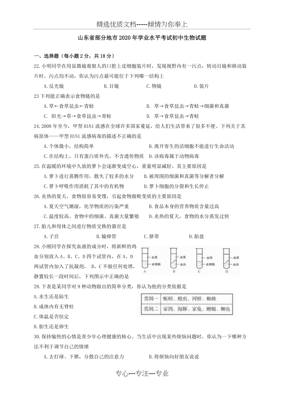 山东省生物中考试卷及答案(共5页)_第1页