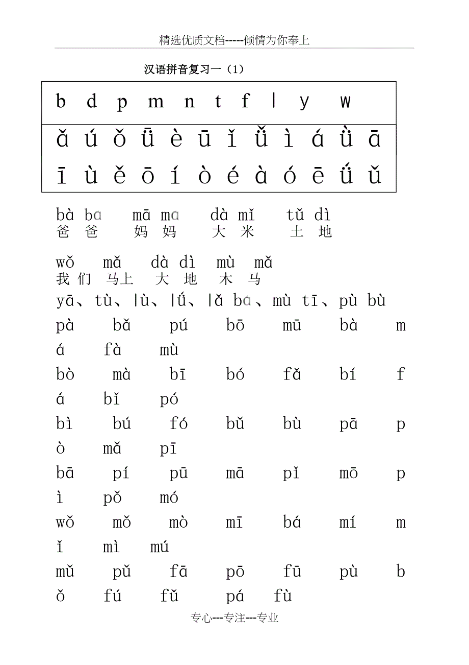 人教版一年级语文上册拼音字词句综合归类打印版(整理)(共27页)_第1页