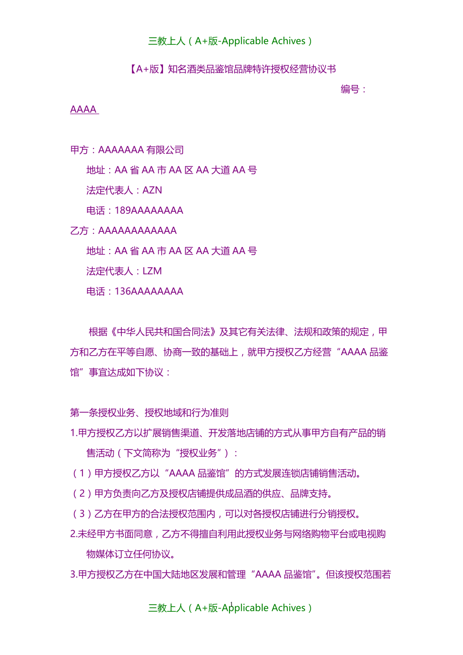 收藏版文档-知名酒类品鉴馆品牌特许授权经营协议书_第1页