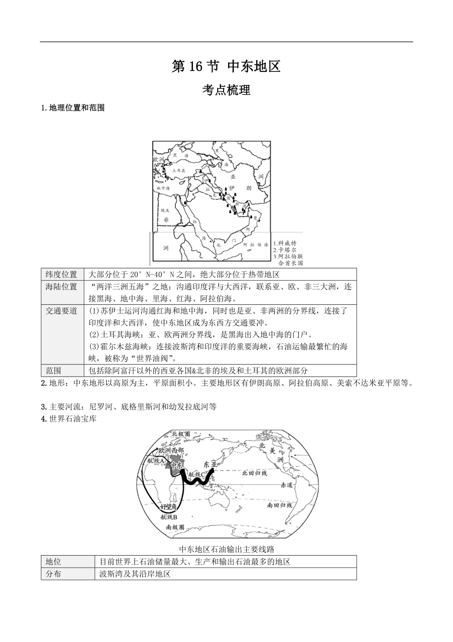 《中考冲刺》备考2022年人教版中考地理一轮复习 考点梳理+真题回顾16 中东地区_第1页