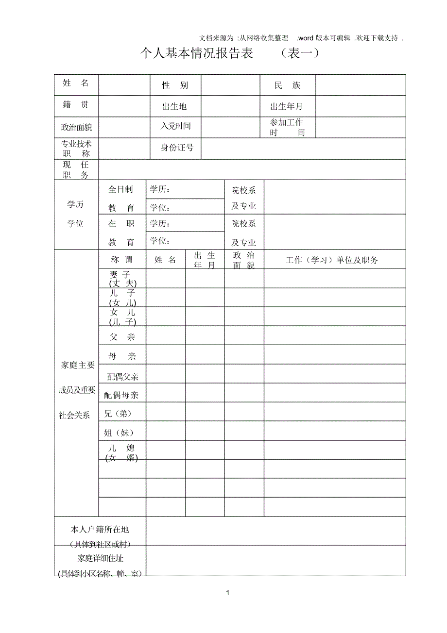 （可编）个人基本情况报告表表一_第1页