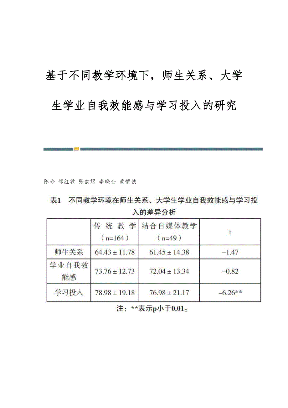 基于不同教学环境下师生关系、大学生学业自我效能感与学习投入的研究_第1页