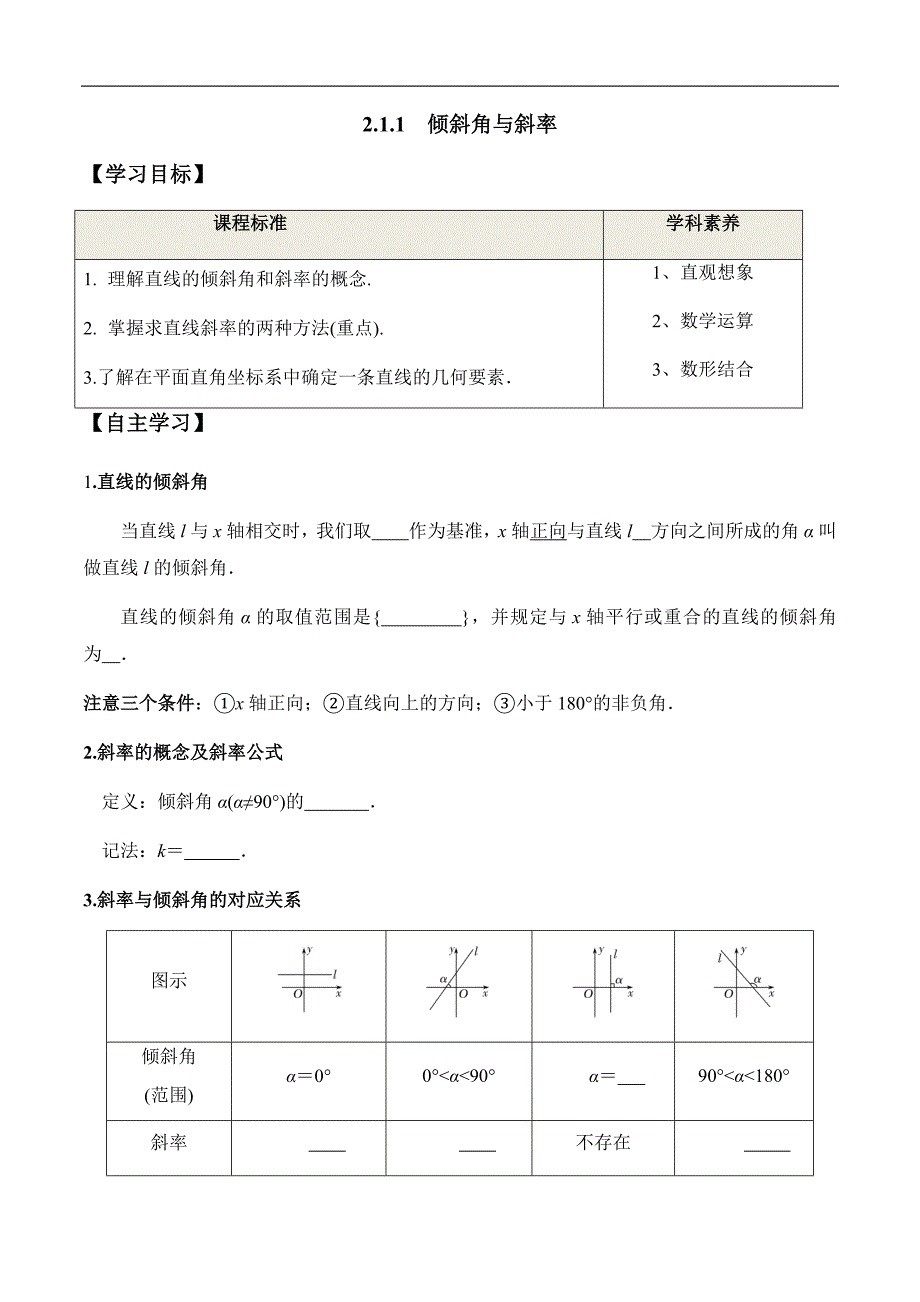 【高中数学】2.1.1-倾斜角与斜率高二数学新教材配套学案(人教A版选择性必修第一册)_第1页