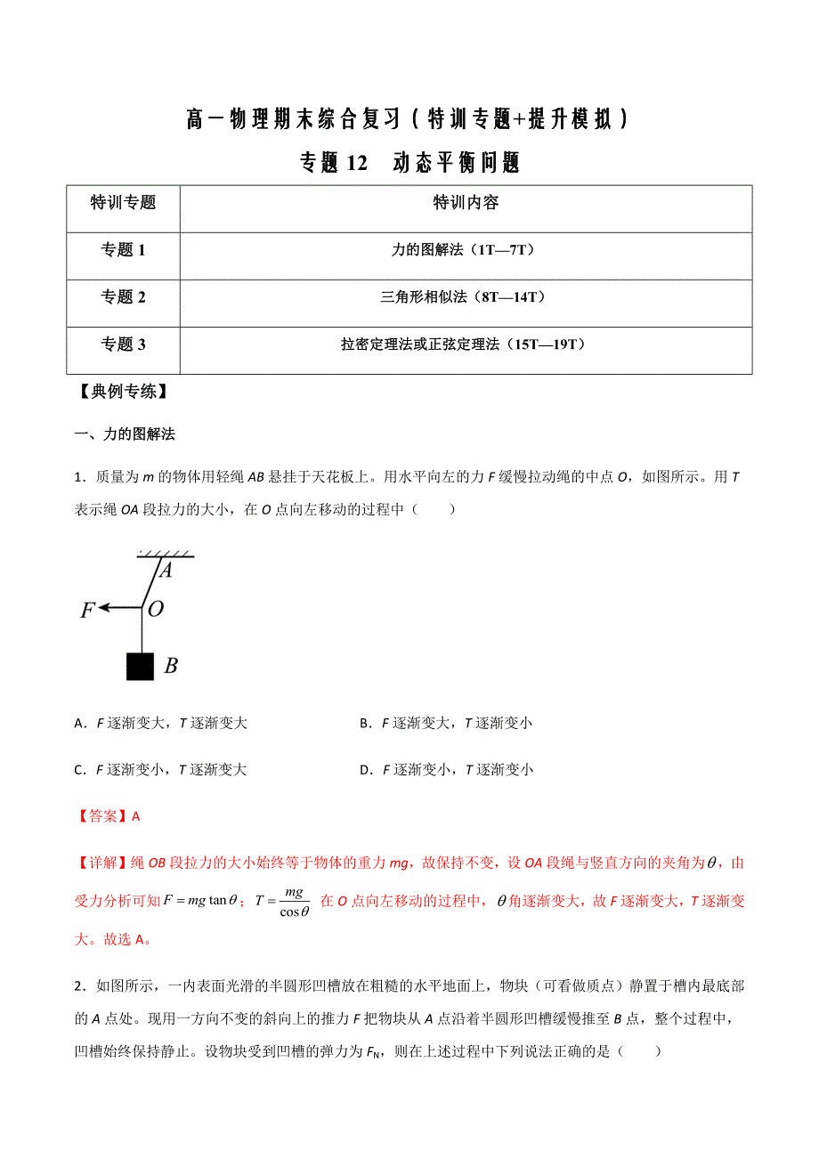 2021-2022学年高一物理复习特训专题12 动态平衡问题（解析版）_第1页