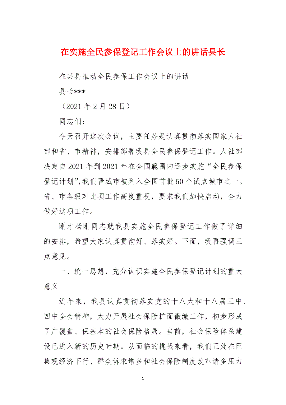 在实施全民参保登记工作会议上的讲话县长_第1页