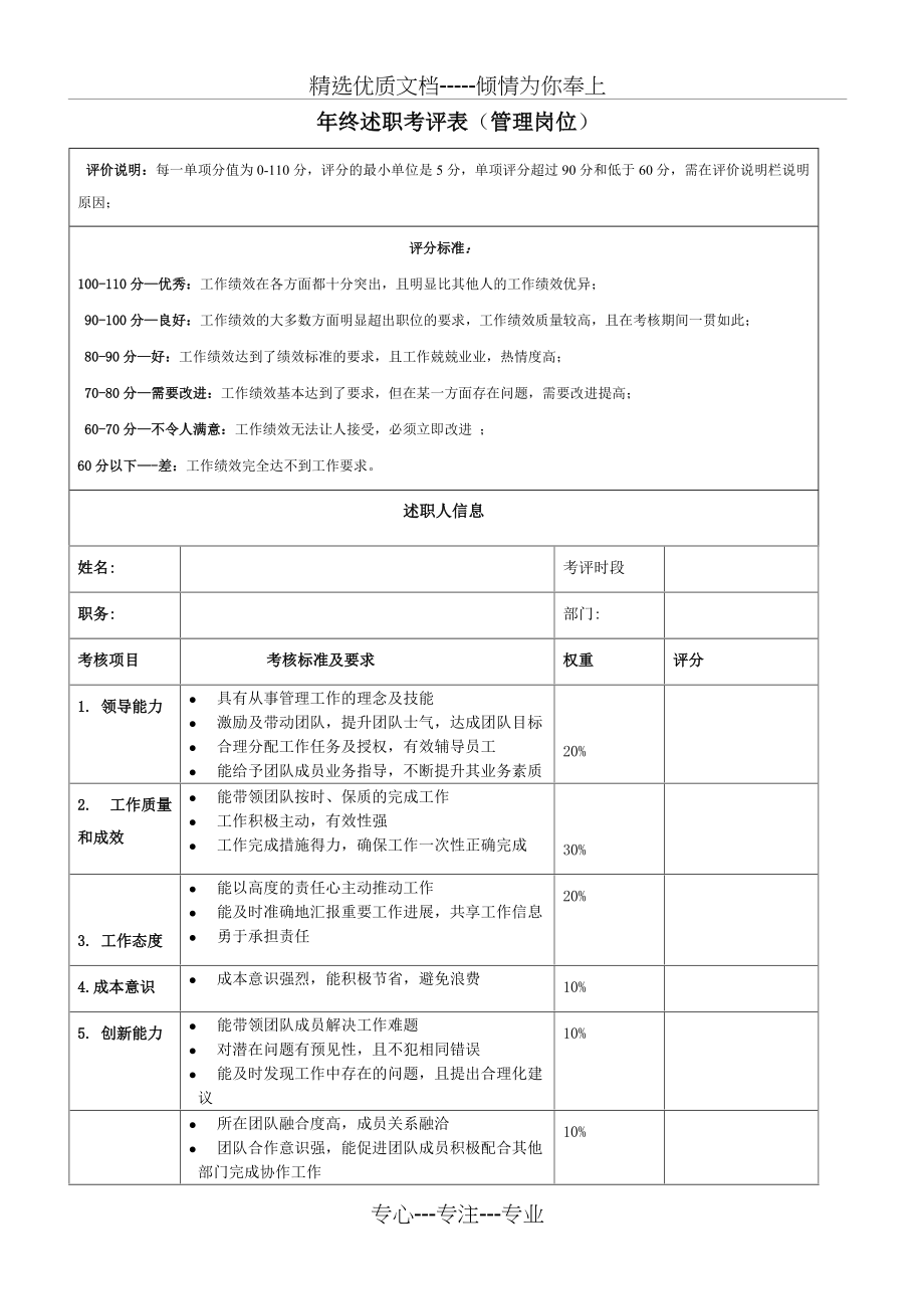 述职评价表(管理岗位)(共2页)_第1页