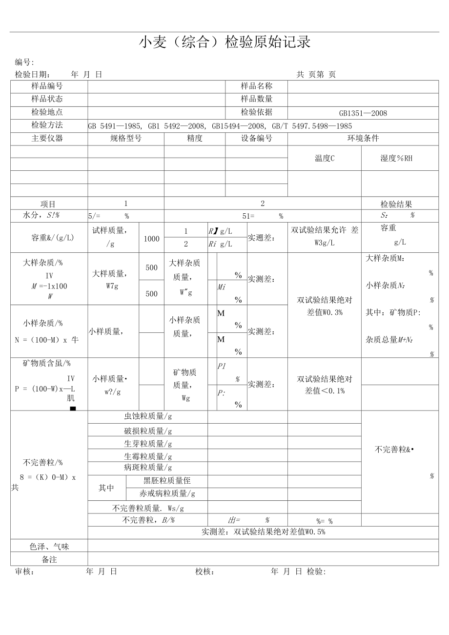 （可编）小麦(综合)检验原始记录_第1页