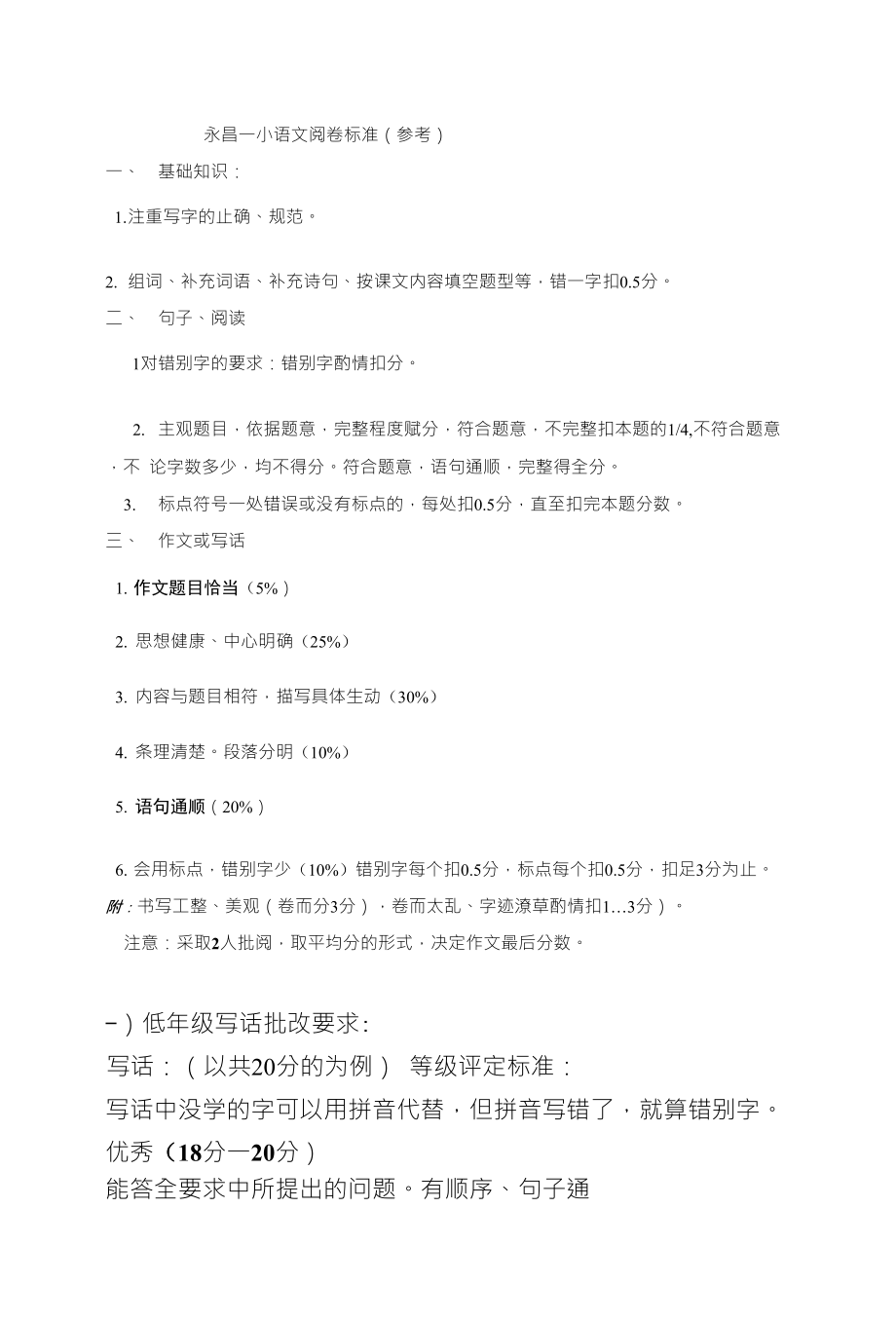 永昌一小语文阅卷标准（参考）_第1页