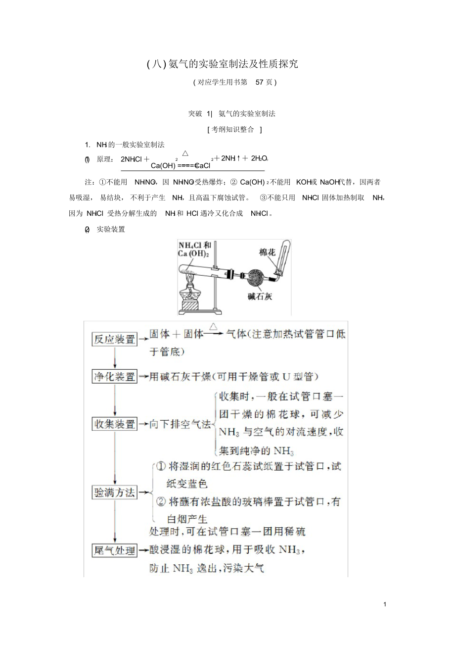 （可编）高考化学一轮复习第章自然界中的元素专项突破八氨气的实验室制法及性质探究学案鲁科_第1页
