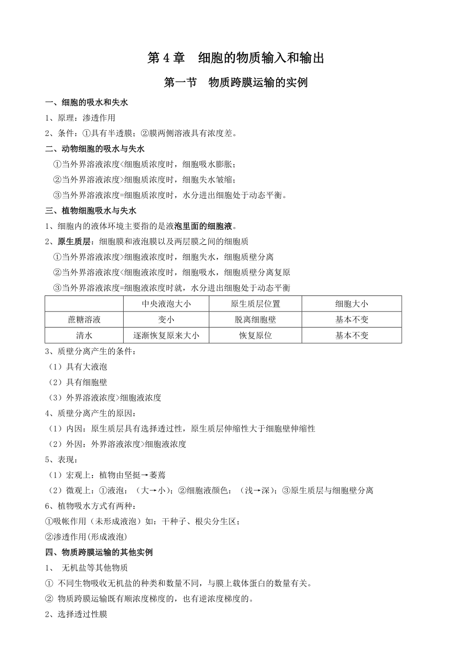 必修1第四章细胞的物质输入和输出(知识点)_第1页