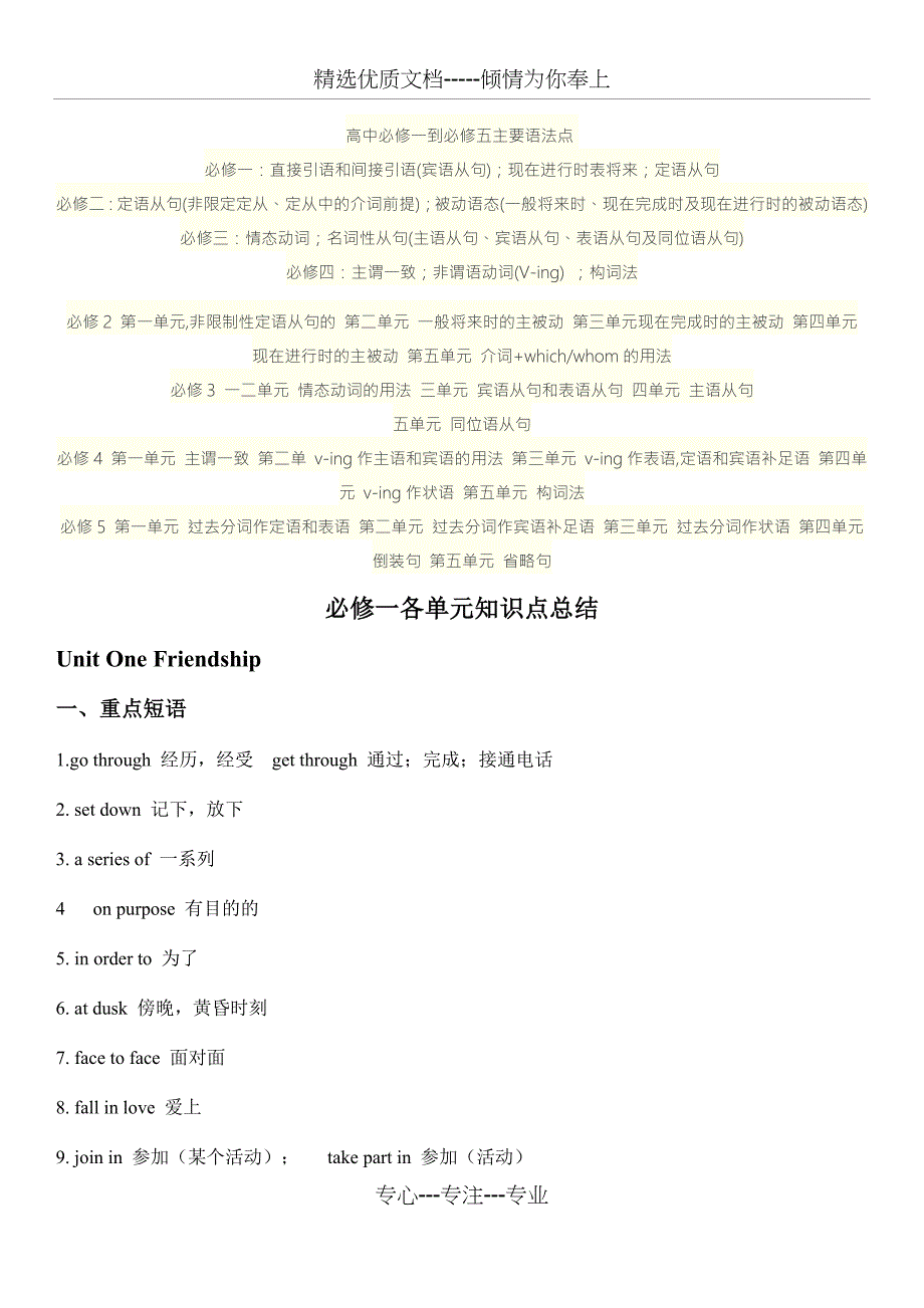 人教版高中英语必修一知识点归纳总结-高中英语知识点总结(共15页)_第1页