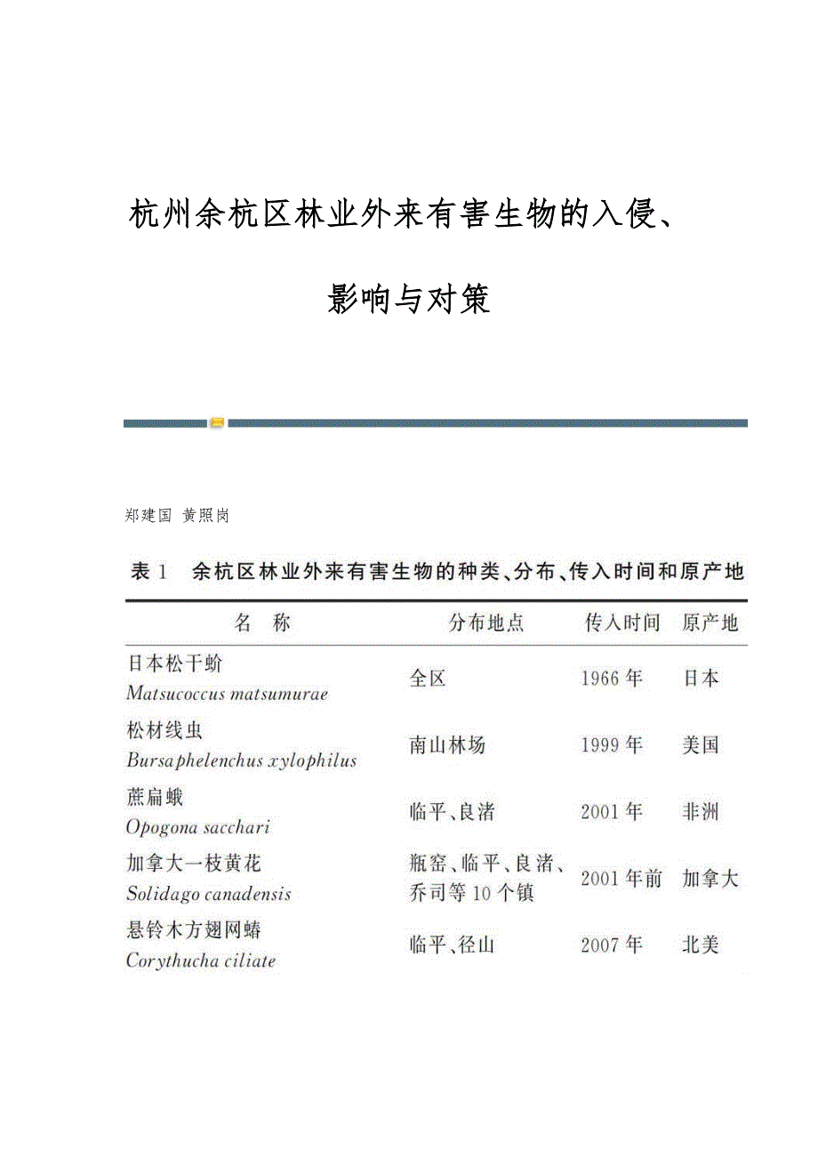 杭州余杭区林业外来有害生物的入侵、影响与对策_第1页