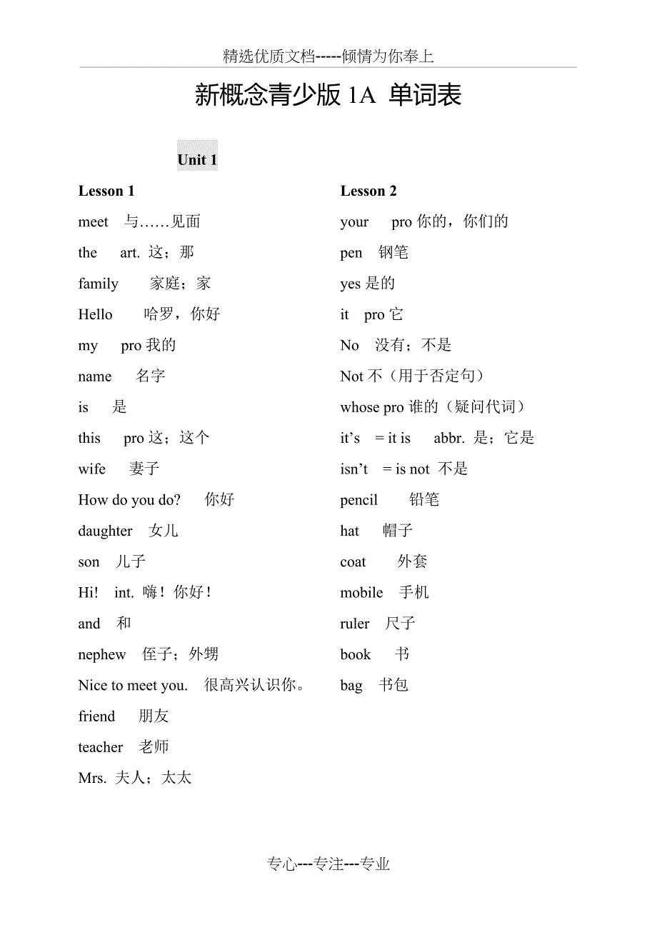 新概念英语青少年1A单词表背诵与默写版本(共20页)_第1页