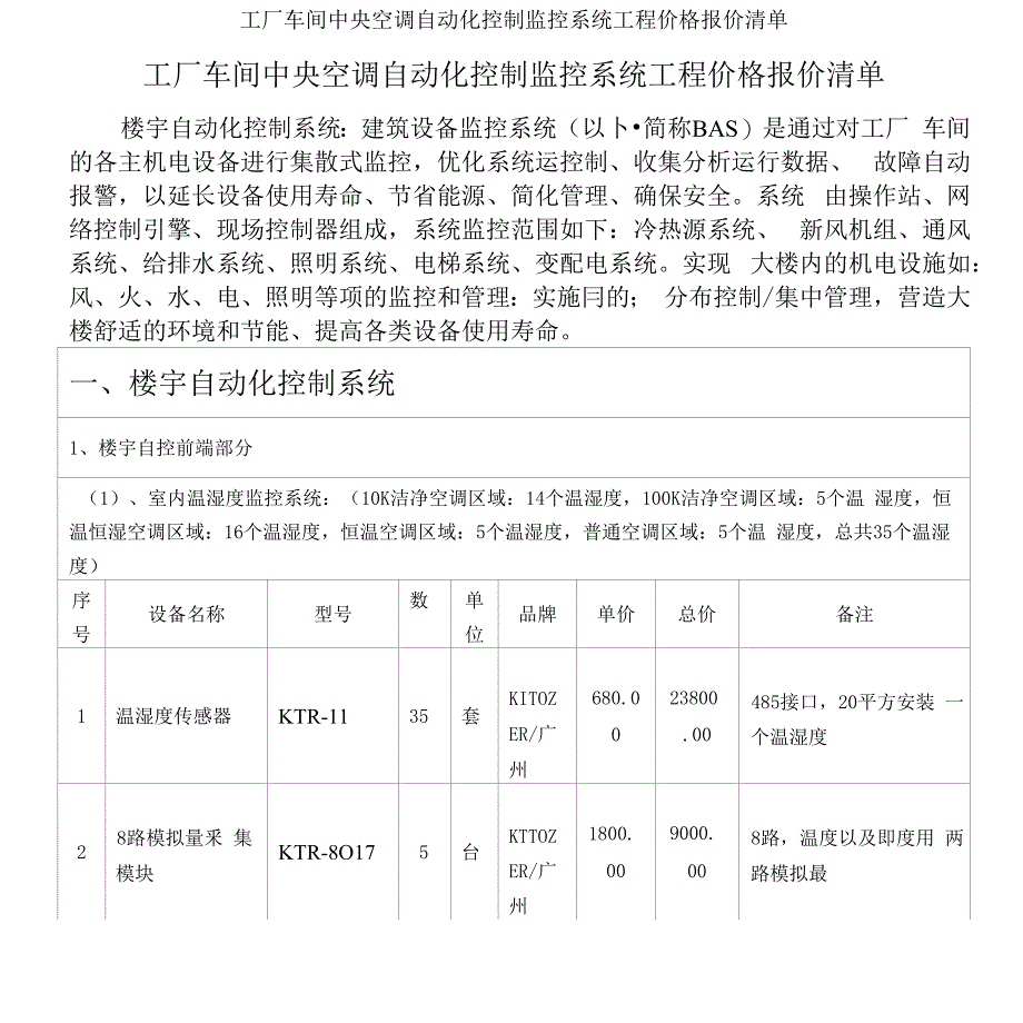 工厂车间中央空调自动化控制监控系统工程价格报价清单_第1页