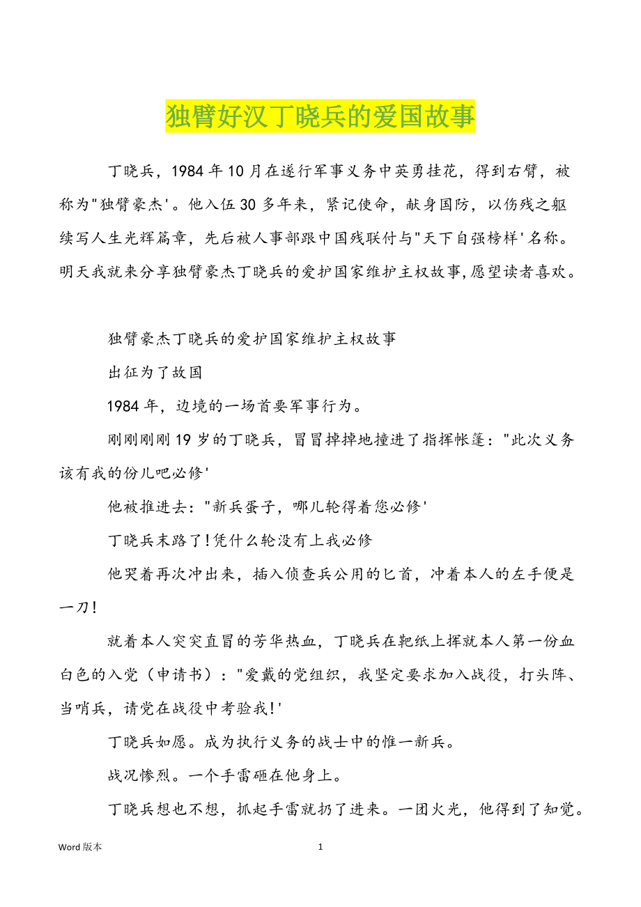 独臂好汉丁晓兵的爱国故事_第1页