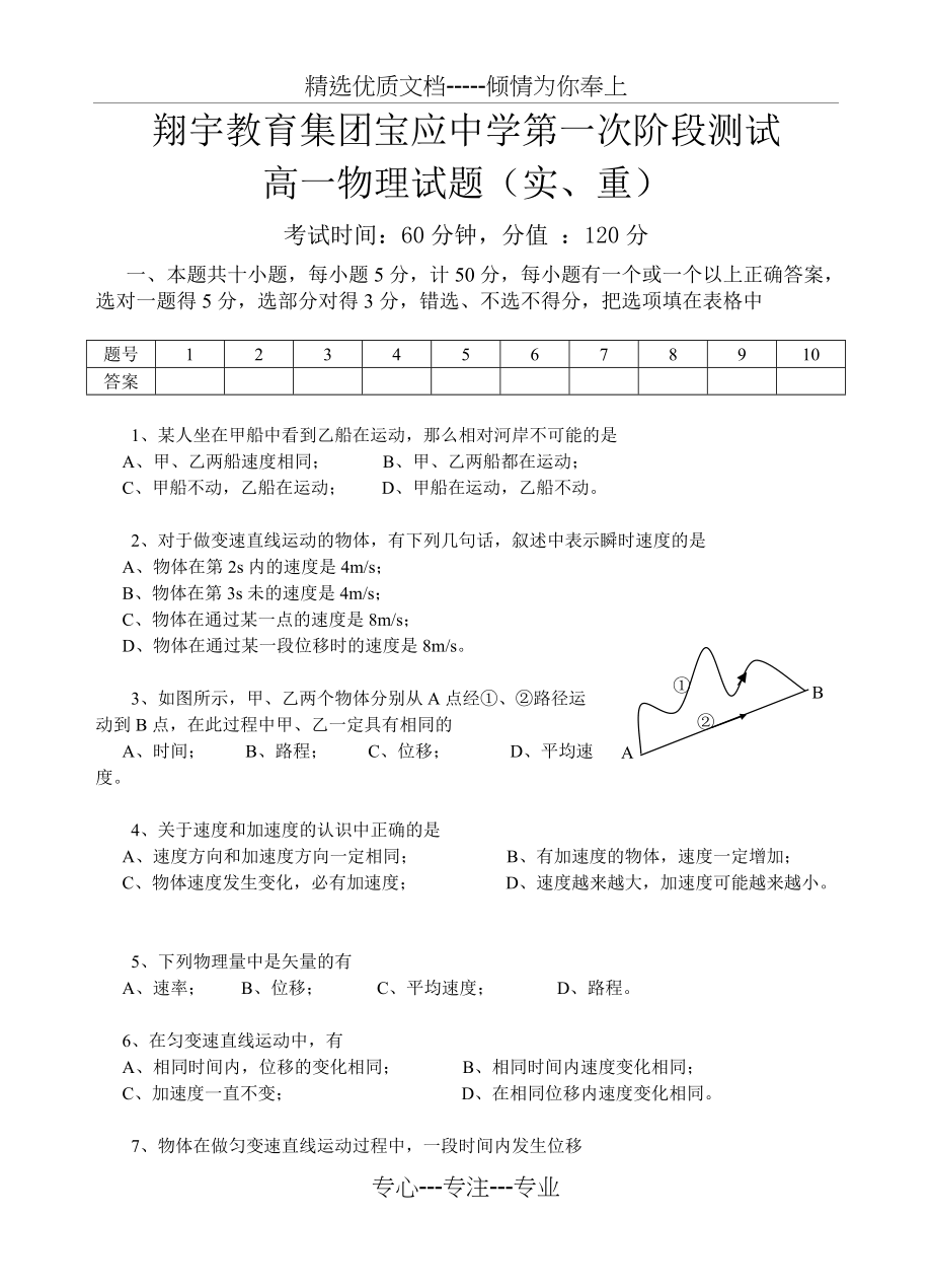 高一物理第一次月考试题及答案(共6页)_第1页