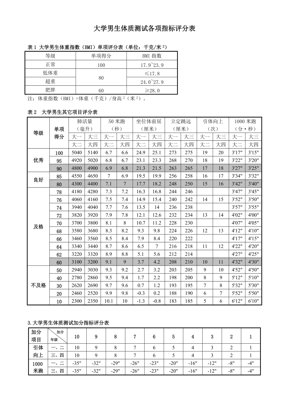 大学男生体质测试各项指标评分表_第1页