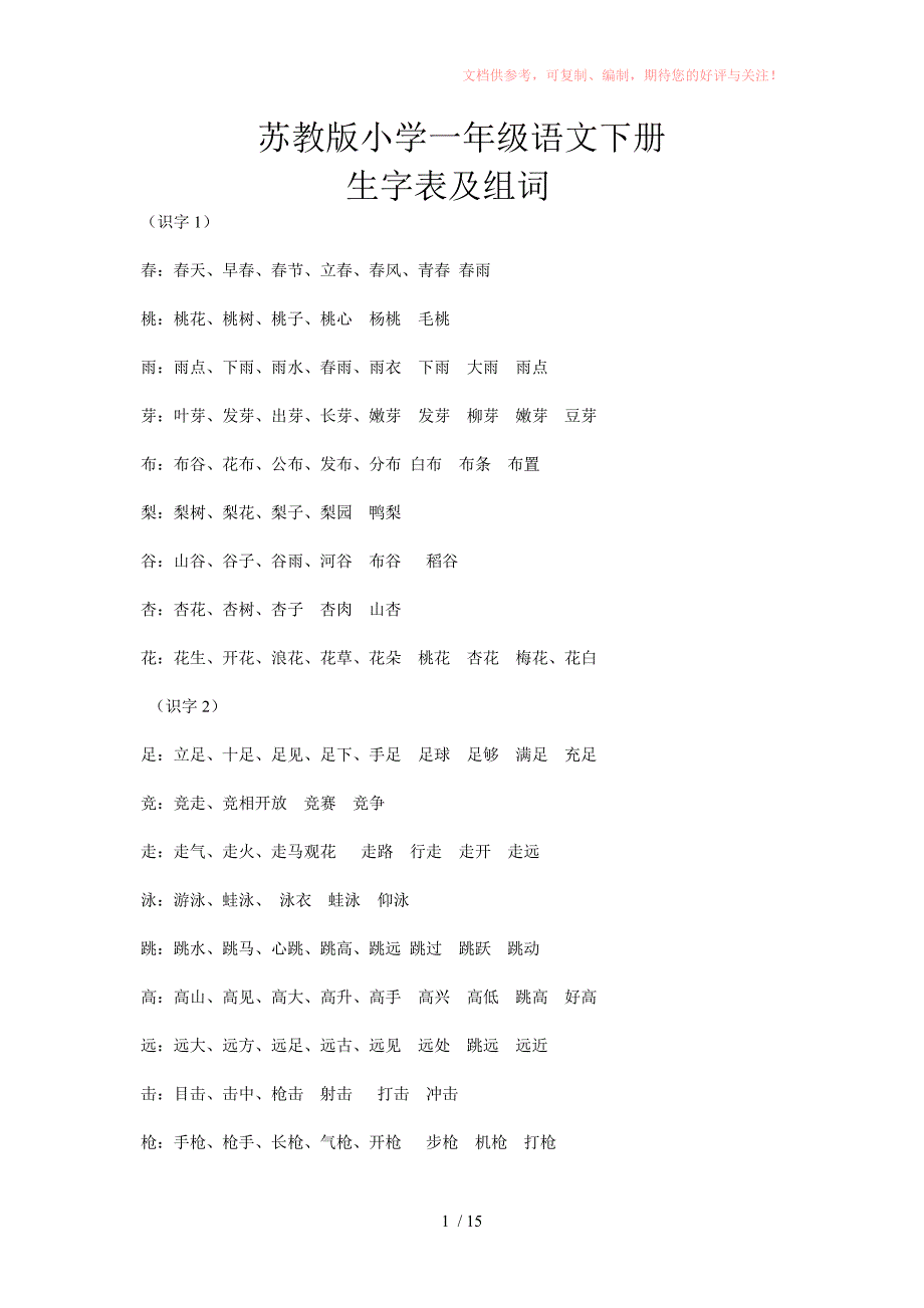 苏教版小学一年级语文下册Word版_第1页