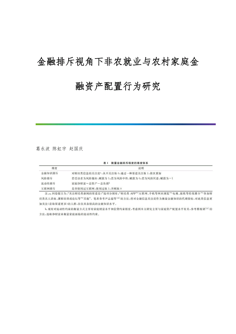 金融排斥视角下非农就业与农村家庭金融资产配置行为研究_第1页