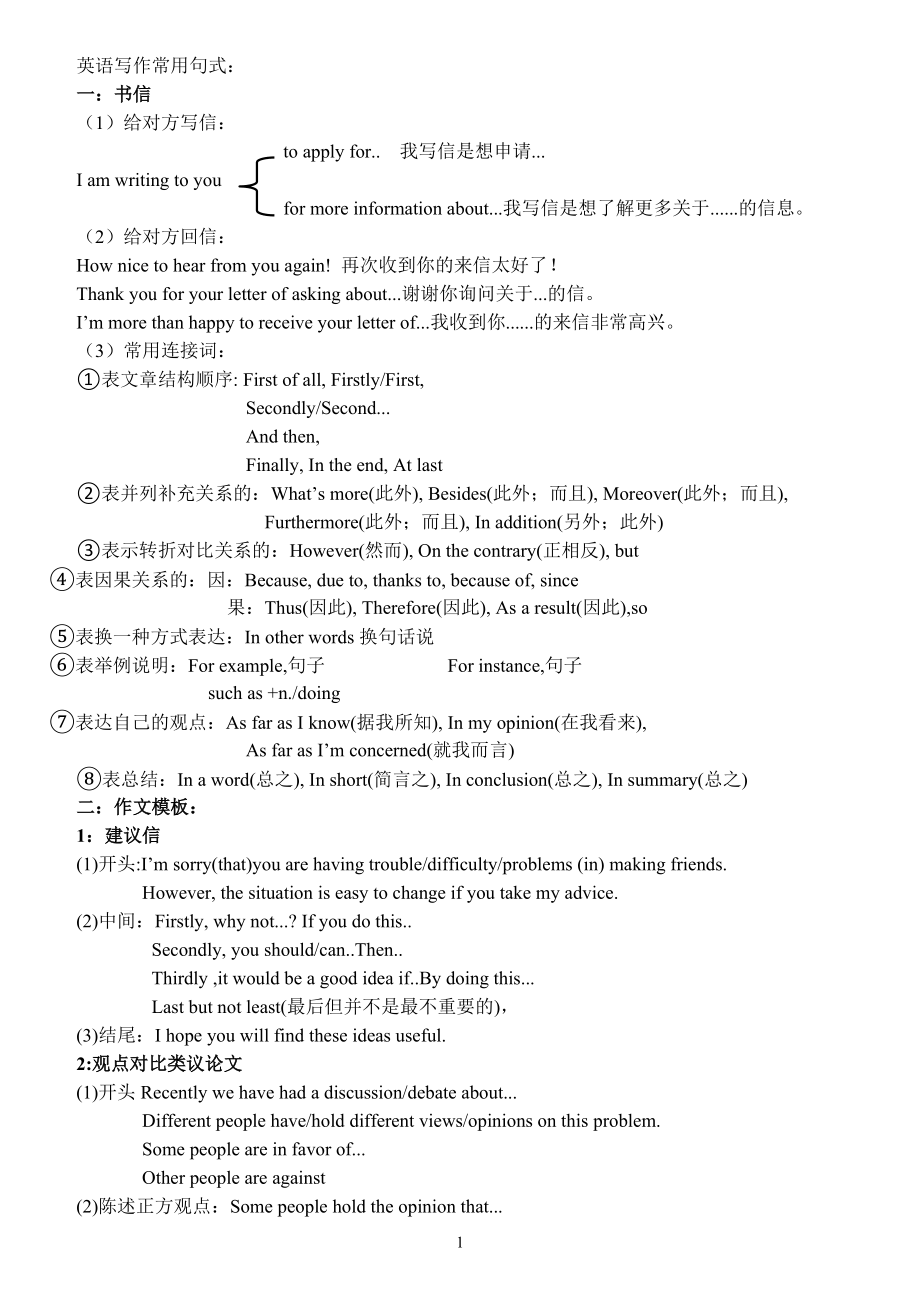 高中英语书信作文常用句式_第1页